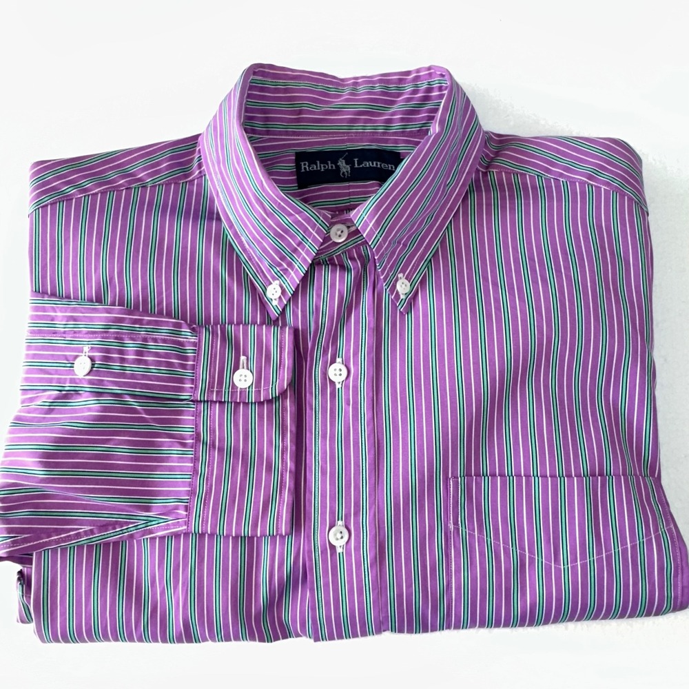 Ralph Lauren Striped Button Down Shirt Mens Size M Purple Green Preppy Office